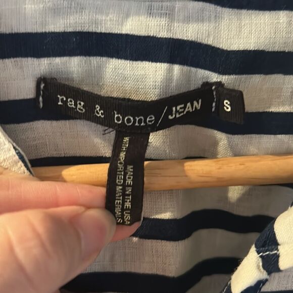 🎀Rag & bone Leeds white and blue striped linen button up blouse small Mandarin - Picture 7 of 11